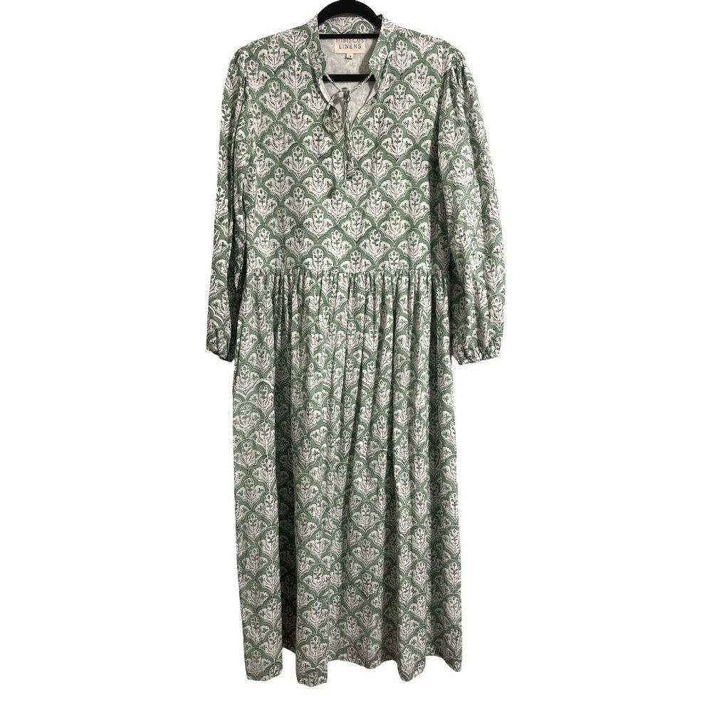 Hibiscus Linens Green White Midi Dress Small